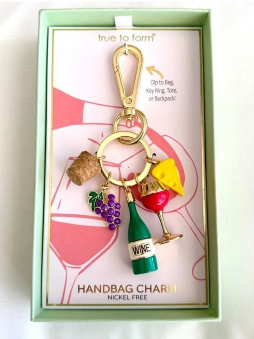 True to Form Wine and Cheese Handbag Charm Keychain NWT NIP